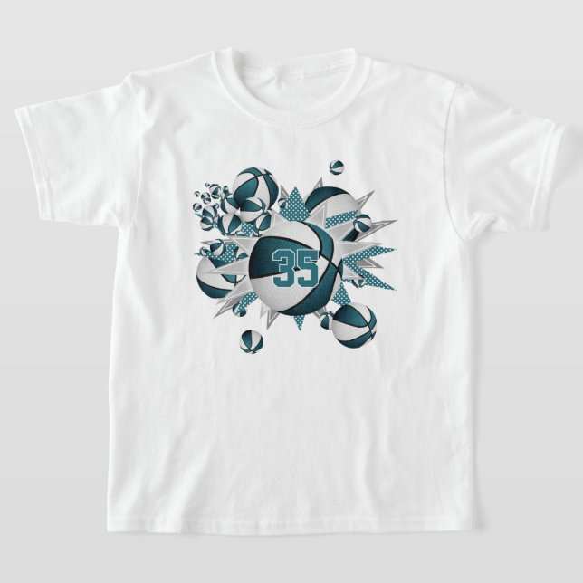 girls sports teal basketballs stars T-Shirt (Laydown)