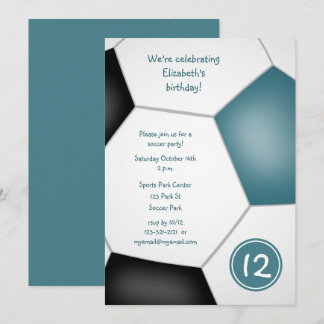 girls sports teal black soccer birthday party invitation