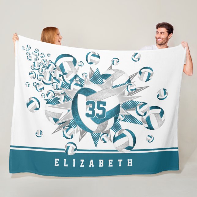 girls sports teal gray volleyballs stars fleece blanket (In Situ)