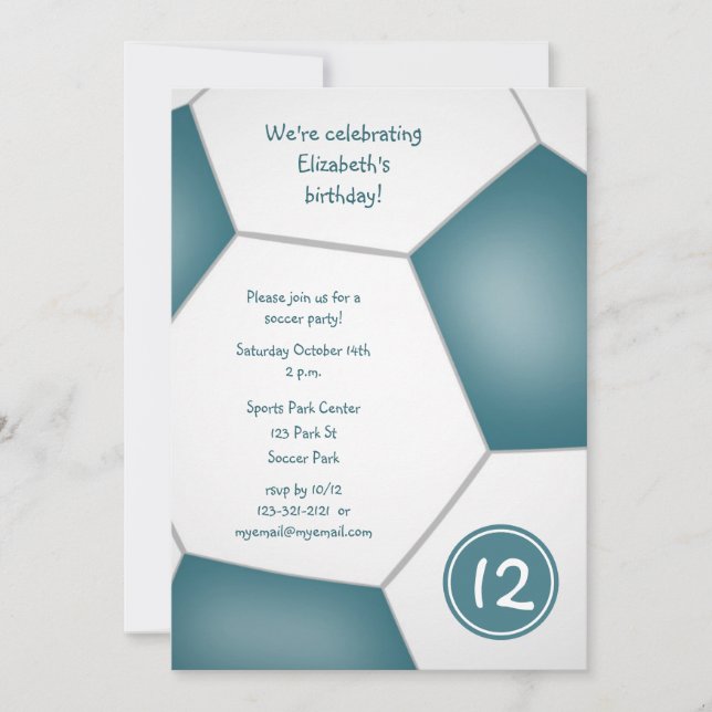 girls sports teal soccer birthday celebration invitation (Front)