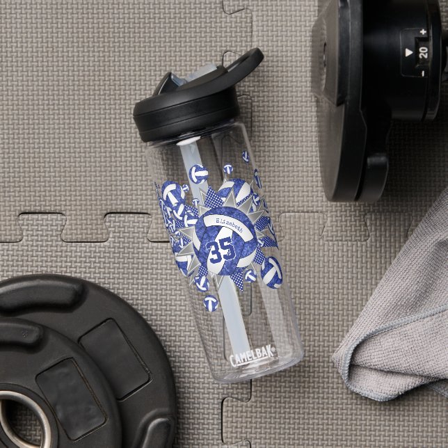 girls sporty blue white gray volleyballs stars  water bottle (Gym)