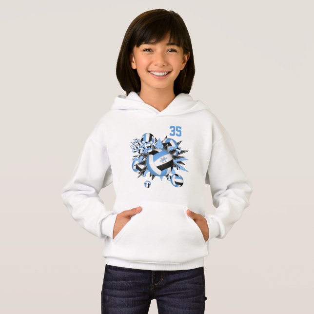 girls sporty light blue black volleyballs stars hoodie (Front Full)