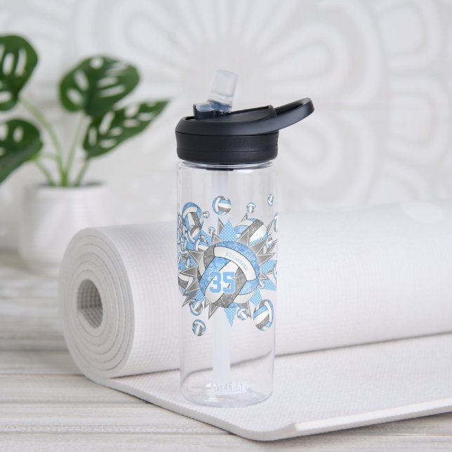 girls sporty light blue gray volleyballs stars  water bottle (Yoga)