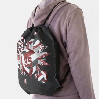 girls sporty maroon black volleyballs stars  drawstring bag