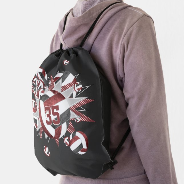 girls sporty maroon black volleyballs stars  drawstring bag (Insitu)