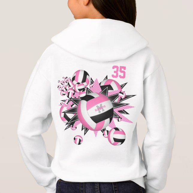 girls sporty pink black volleyballs stars hoodie (Back)