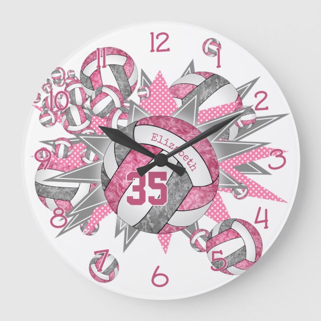 girls sporty pink gray volleyball blowout large clock (Front)