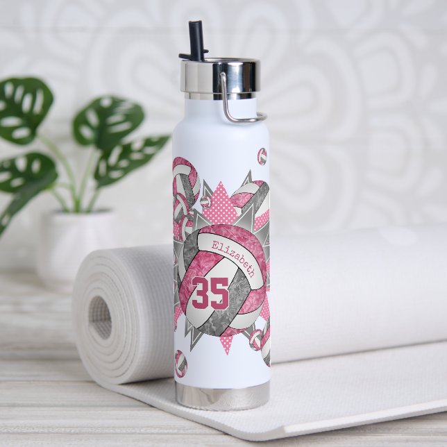 girls sporty pink gray volleyball blowout water bottle (Yoga)