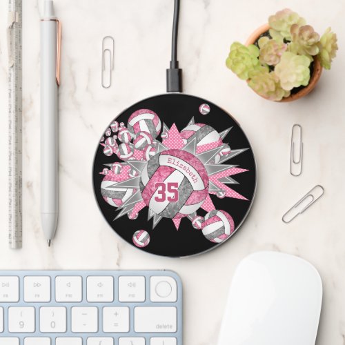 girls sporty pink gray volleyball blowout wireless charger 