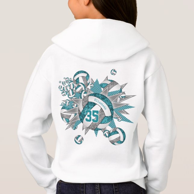 girls sporty teal gray volleyball blowout hoodie (Back)