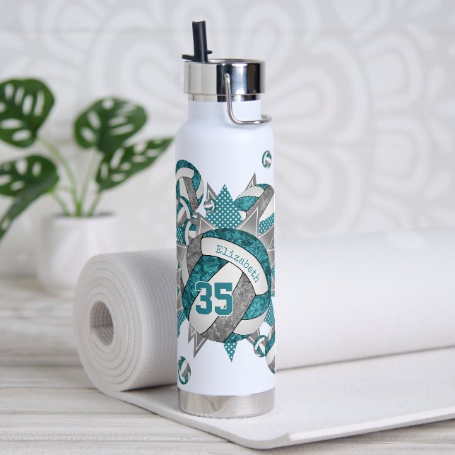 girls sporty teal gray volleyball blowout water bottle (Yoga)