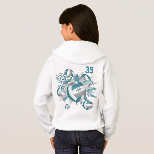 girls sporty teal gray volleyballs stars   hoodie