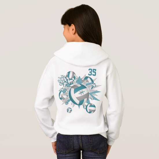 girls sporty teal gray volleyballs stars   hoodie