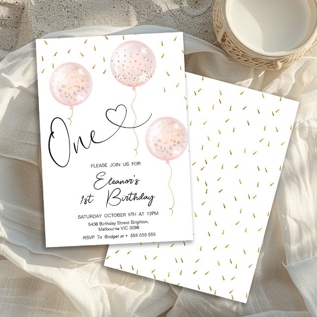 Girls Sprinkles Pink Balloons 1st Birthday Invitation (Girls First Birthday Invitation, First Birthday Girl Invitation, Pink Balloons Sprinkles, Modern)