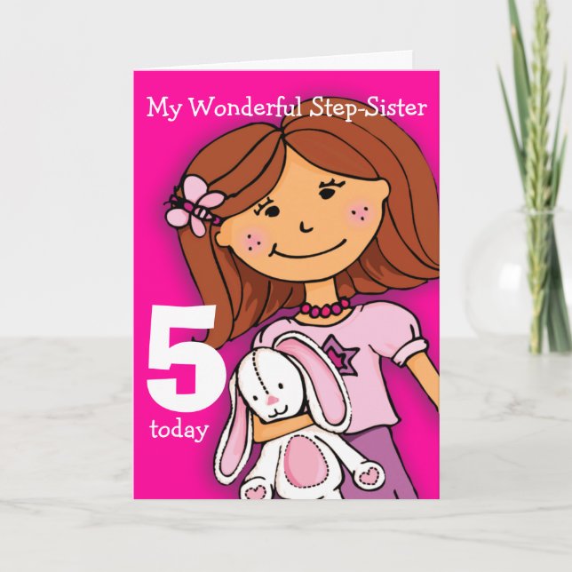 Girls Step-Sister 5th birthday card girlie pink (Front)
