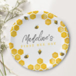 Girls Summer First Bee Day Kids 1st Birthday Paper Plates<br><div class="desc">This whimsical and modern girls 1st birthday ‘first bee day’ paper plate features a cute honey bee design,  with honeycomb,  and can be personalized with your girls name in a elegant typography. The perfect design for your little one's summer birthday party.</div>