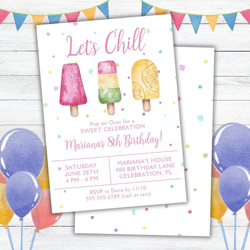 Girls Summer Lets Chill Popsicle Birthday Invitation
