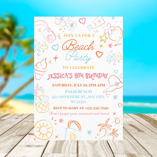 Girls Summer party| Colorful Beach Birthday Invitation (Creator Uploaded)