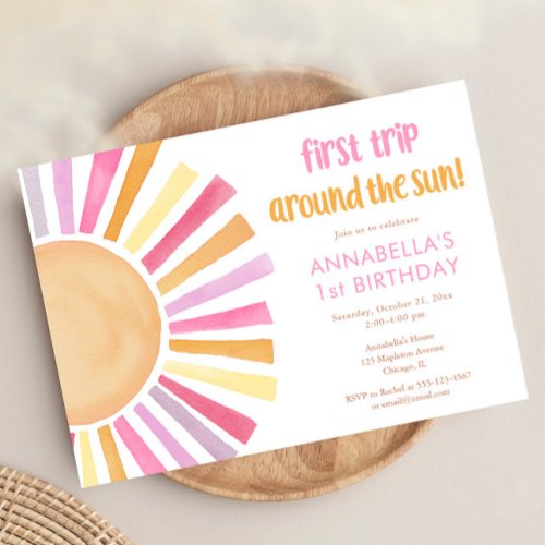 Girls Sunshine First Trip Around the Sun birthday Invitation