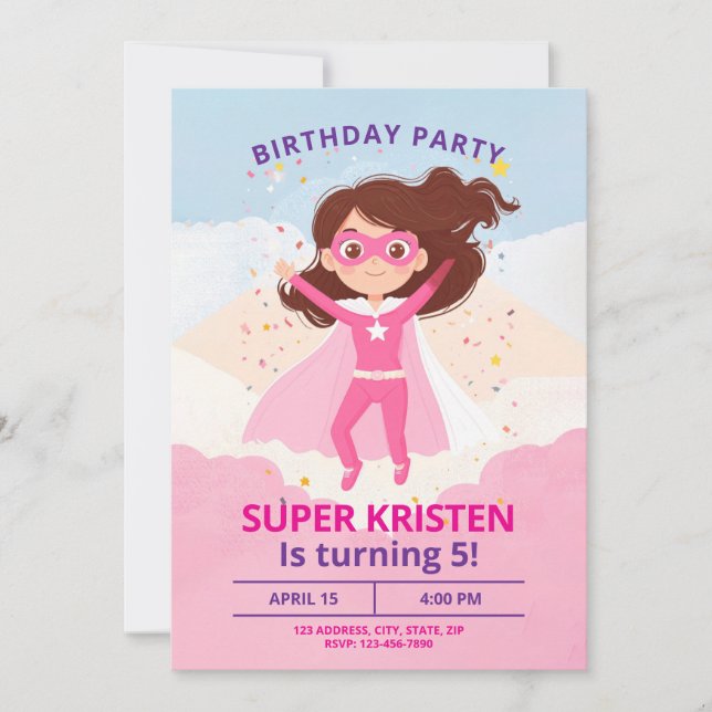 Girl's Super Hero Birthday Invites - Editable (Front)