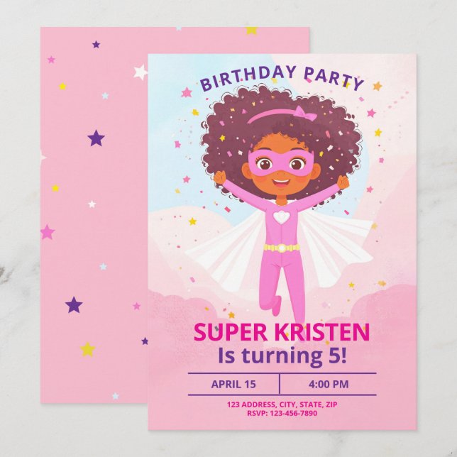 Girl's Super Hero Birthday Invites - Editable (Front/Back)