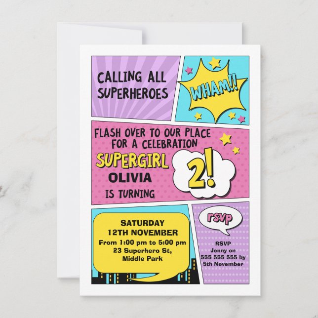 Girls Superhero 2nd Birthday Invitation (Front)