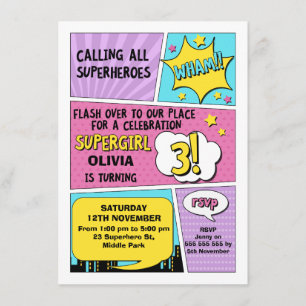 Girls Superhero 3rd Birthday Invitation