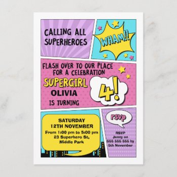 Girls Superhero 4th Birthday Invitation by Sugar_Puff_Kids at Zazzle