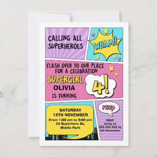Girls Superhero 4th Birthday Invitation