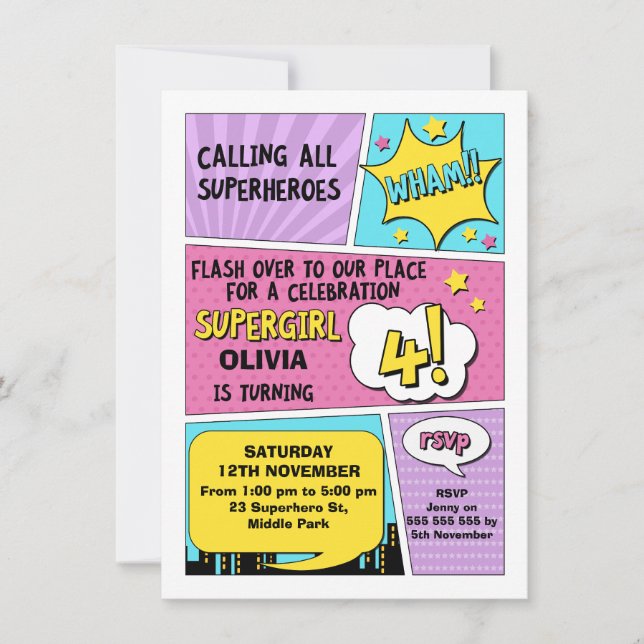Girls Superhero 4th Birthday Invitation (Front)