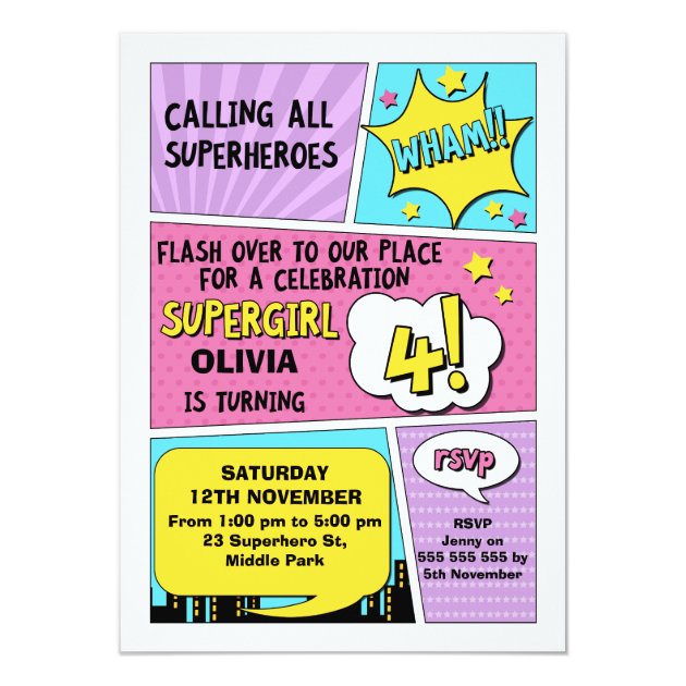 Girls Superhero 4th Birthday Invitation