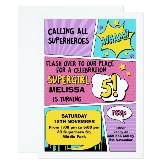 Girls Superhero 5th Birthday Invitation
