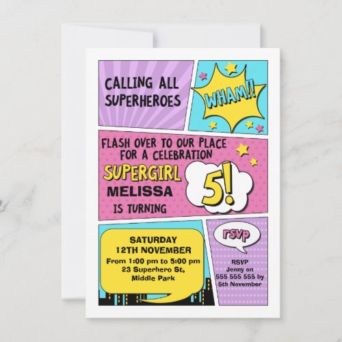 Girls Superhero 5th Birthday Invitation