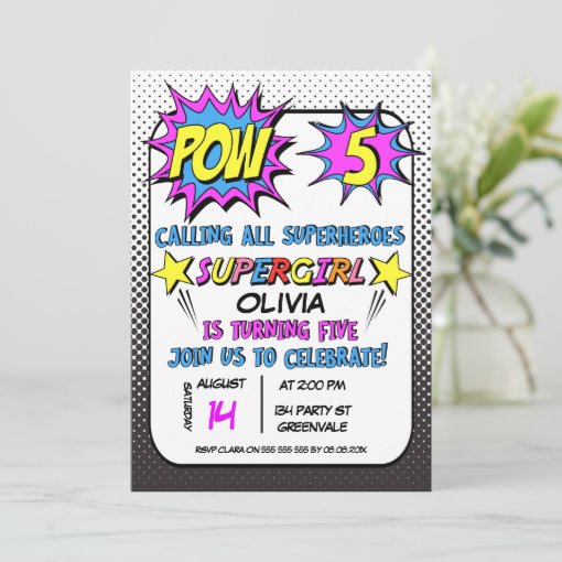 Girls Superhero 5th Birthday Party Invitation Zazzle