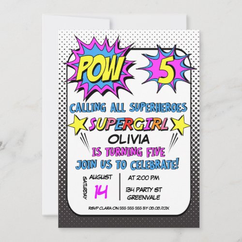 Girls Superhero 5th Birthday Party Invitation