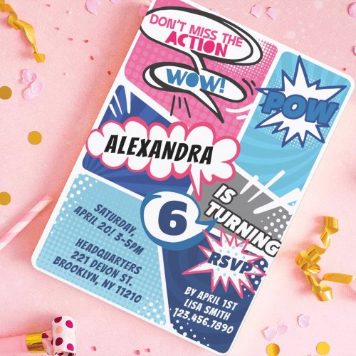 Girls Superhero Comic Book Birthday Invitation