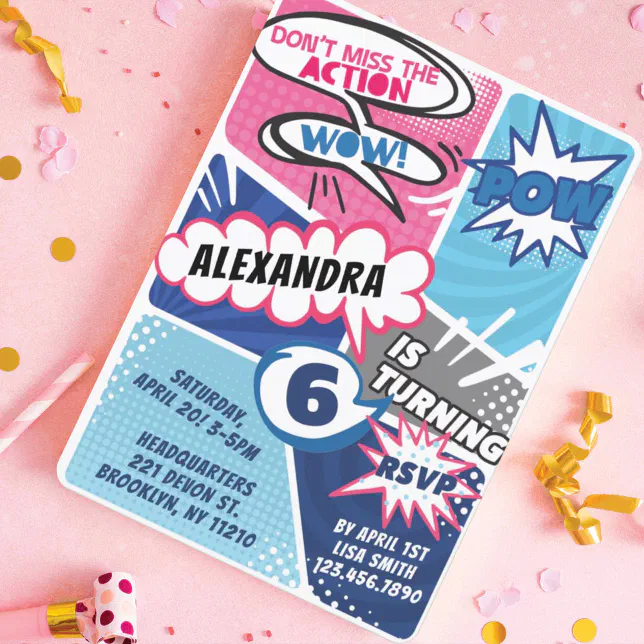 Girl's Superhero Comic Book Birthday Invitation | Zazzle