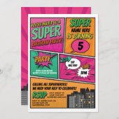 Girl's Superhero Invitation Party Pink Comic (Front/Back)