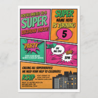 Girl's Superhero Invitation Party Pink Comic