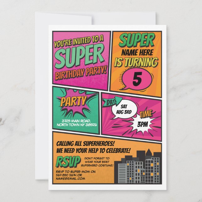 Girl's Superhero Invitation Party Pink Comic (Front)