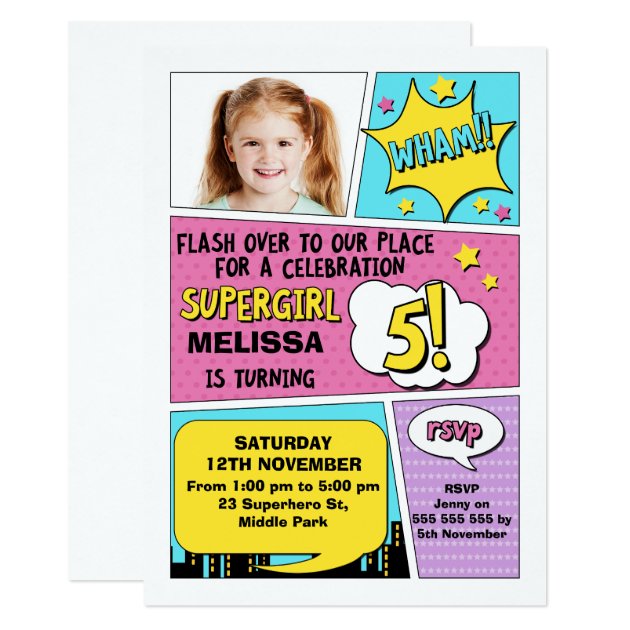 Girls Superhero Photo 5th Birthday Invitation