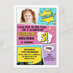 Girls Superhero Photo 5th Birthday Invitation