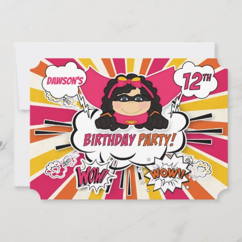 Girls Superhero Pink Comic 12th Birthday Party Inv Invitation