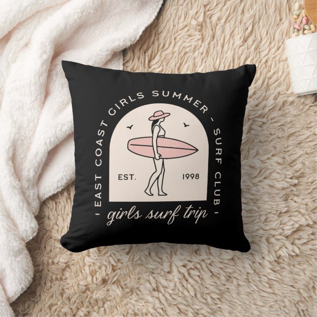 Girls surf trip surfing summer retro black pink throw pillow (Blanket)