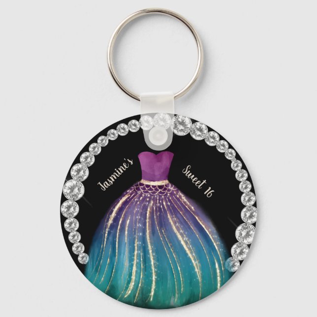 Girls Sweet 16 Ombre Dress and Rhinestones   Keychain (Front)