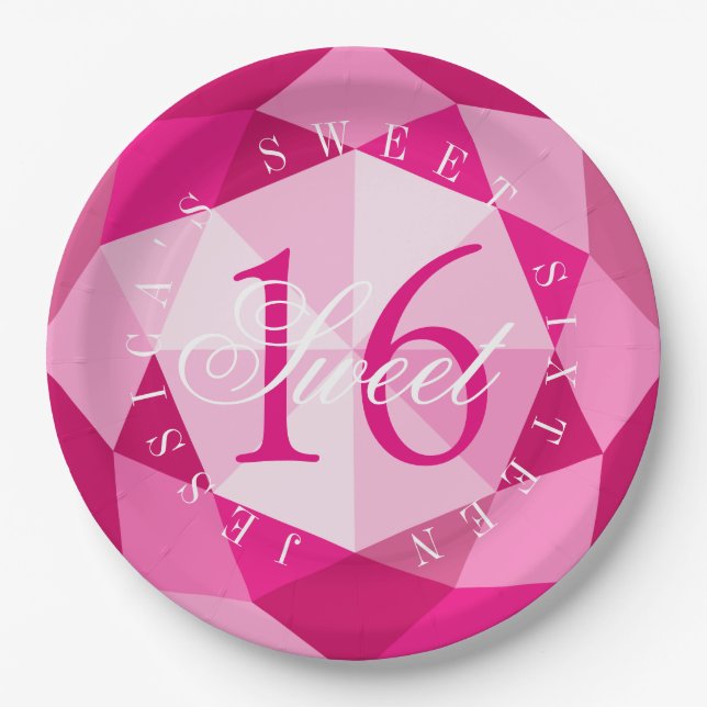 Girls Sweet 16 Sixteen Birthday party pink diamond Paper Plates (Front)