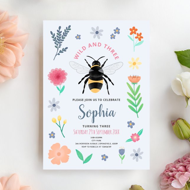 Girls Sweet Bee Wildflower Wild and Three Birthday Invitation (Creator Uploaded)