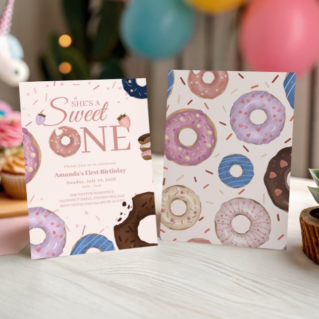 Girls Sweet ONE Donut Pastel First Birthday Invitation (Creator Uploaded)