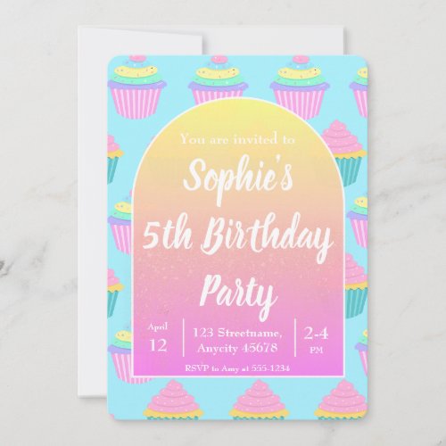Girls Sweet Pastel Cupcake Birthday Invitation