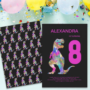 Girls T-Rex Dinosaur 8th Birthday Party Pink Invitation